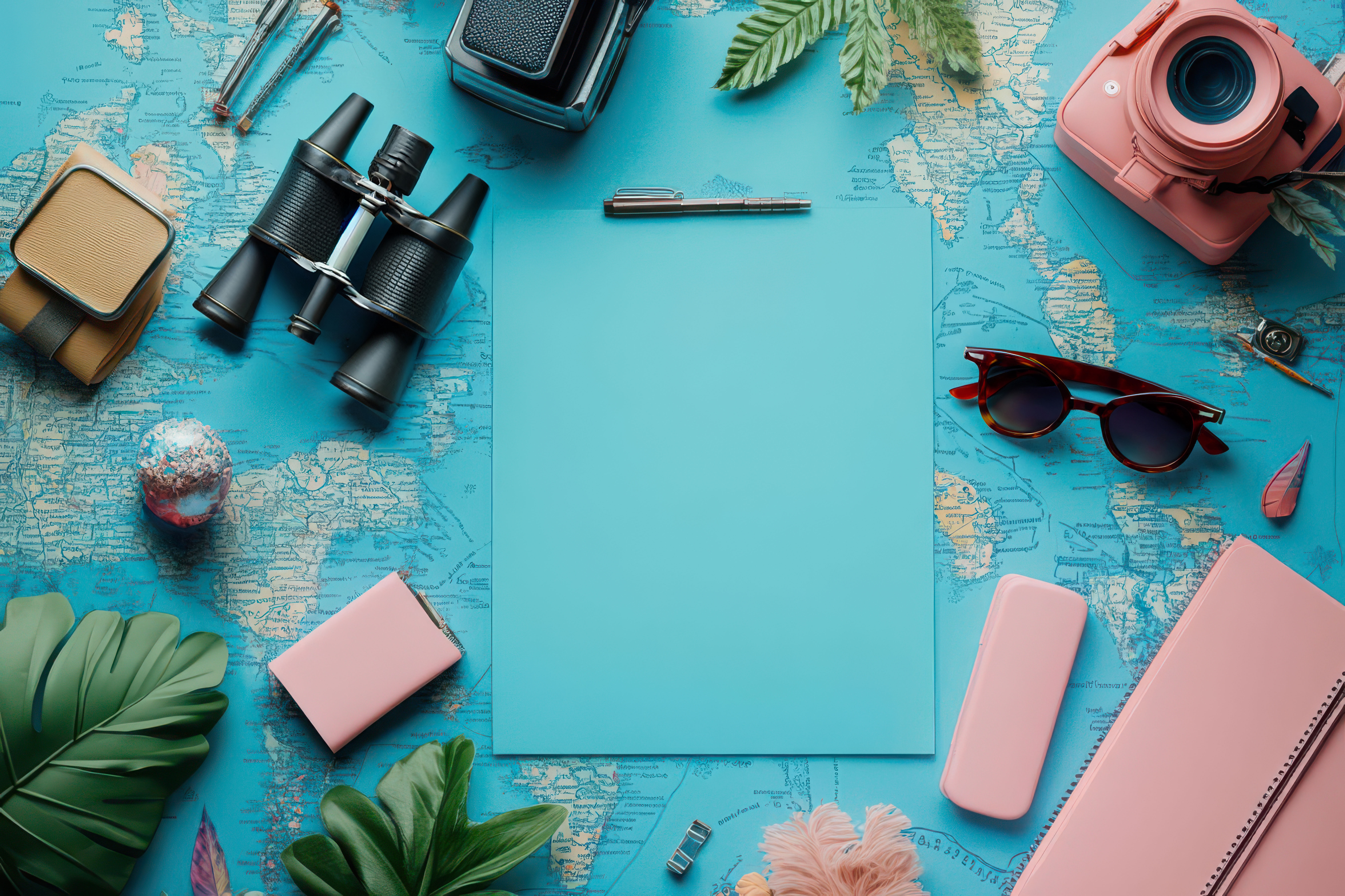Travel planning flat design top view itinerary 3D render colored pastel